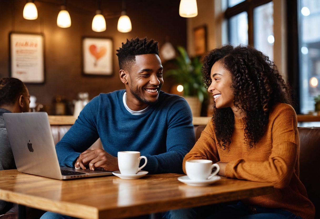 A heartwarming scene of a diverse couple sitting together in a cozy café, engaged in deep conversation with warm laughter. The background showcases soft lighting, with subtle hints of digital elements symbolizing online connections, like chat bubbles or hearts. Include a steaming coffee cup on the table and a laptop near them to symbolize their journey from online dating to a solid relationship. The atmosphere should evoke intimacy and connection, with vibrant colors that enhance warmth and positivity. super-realistic. vibrant colors. cozy ambiance.