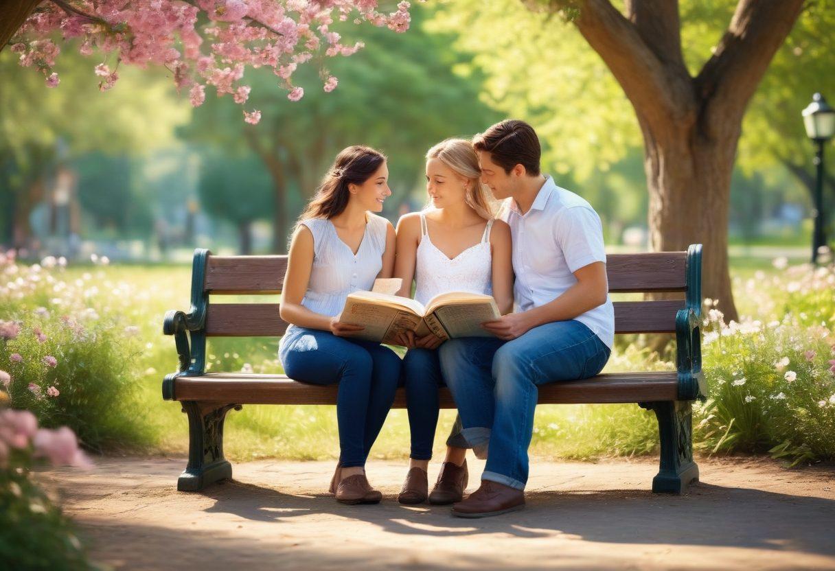 A romantic scene with a couple sitting on a park bench, engaged in a heartfelt conversation, surrounded by blooming flowers and soft sunlight filtering through the trees. Incorporate symbols of love, like intertwined hearts and open books representing knowledge, gently floating around them. The background softly blurred to enhance focus on the couple's genuine expressions. vibrant colors. super-realistic.