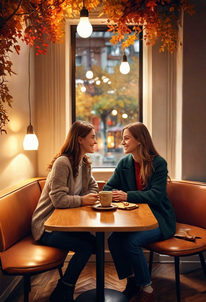 A cozy scene showing two people sharing a heartfelt conversation in a warmly lit café, surrounded by soft autumn leaves, symbolizing connection and trust. A subtle heart shape formed by their coffee cups on the table. Include warm colors and gentle lighting to evoke intimacy. super-realistic. vibrant colors.